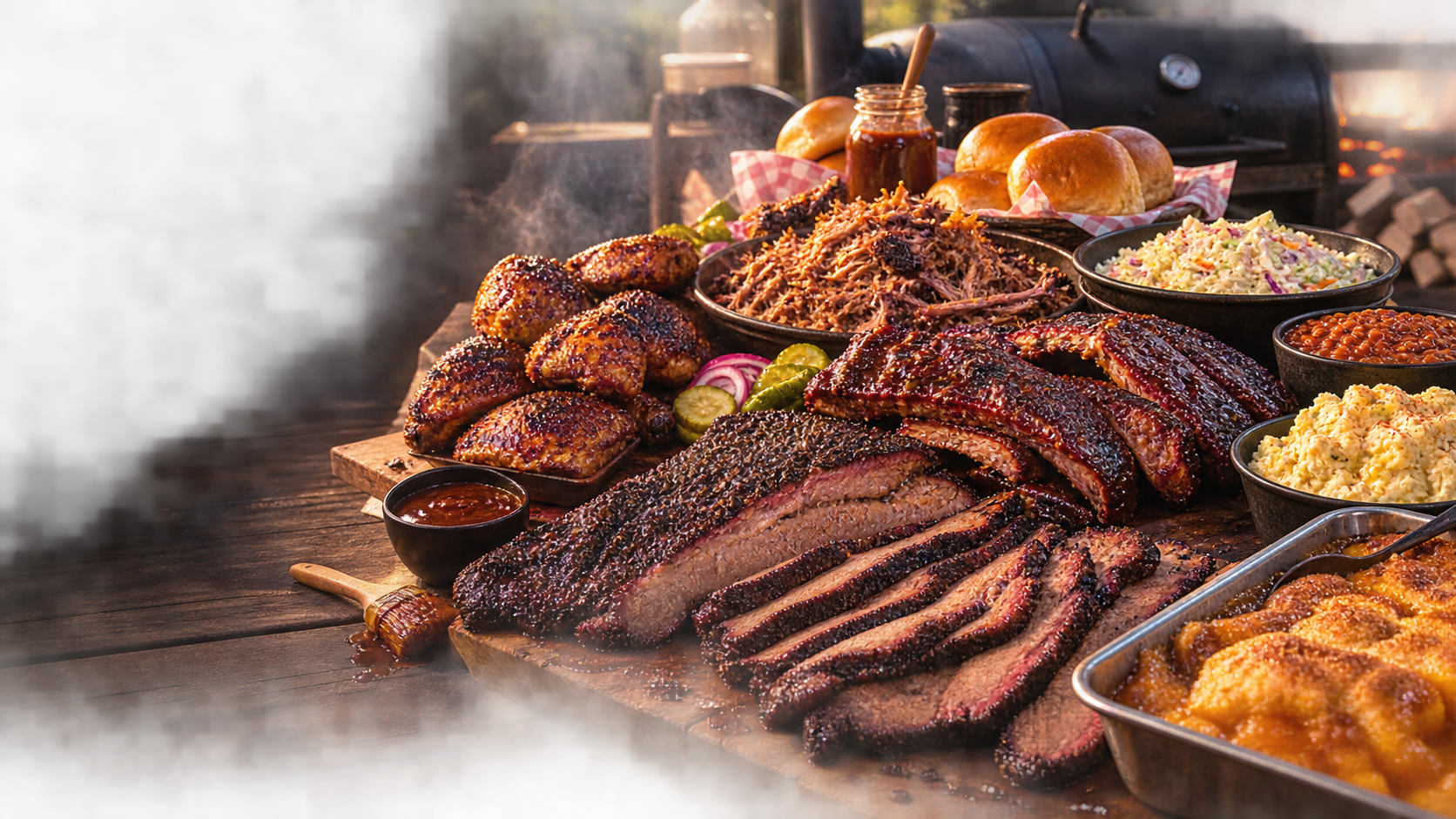 BBQ catering spread with brisket, ribs, pulled pork, chicken thighs, coleslaw, potato salad, baked beans, rolls, sauce, and cobbler